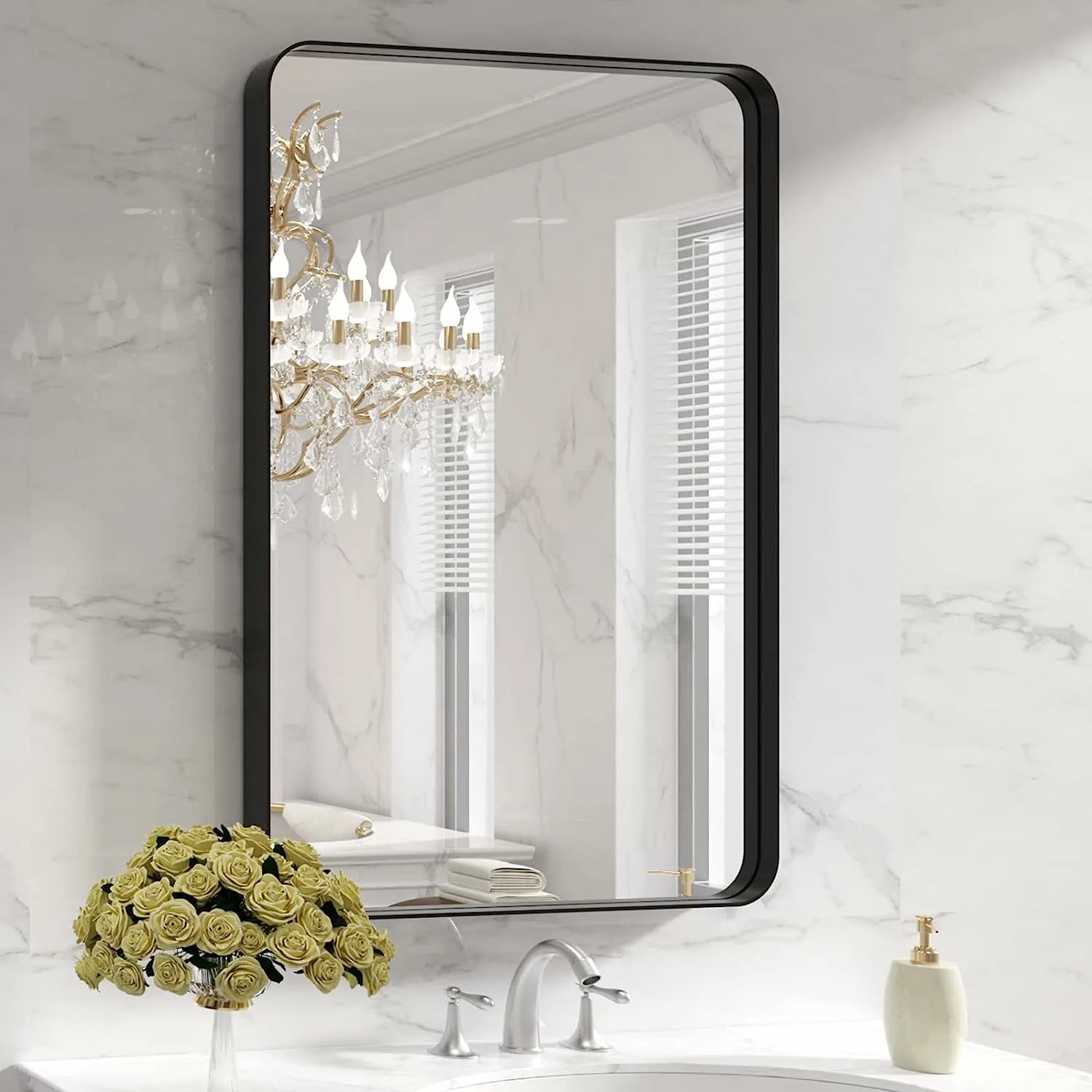 Black Metal Framed Bathroom Mirror Rounded Rectangle Matte Black Vanity Mirror