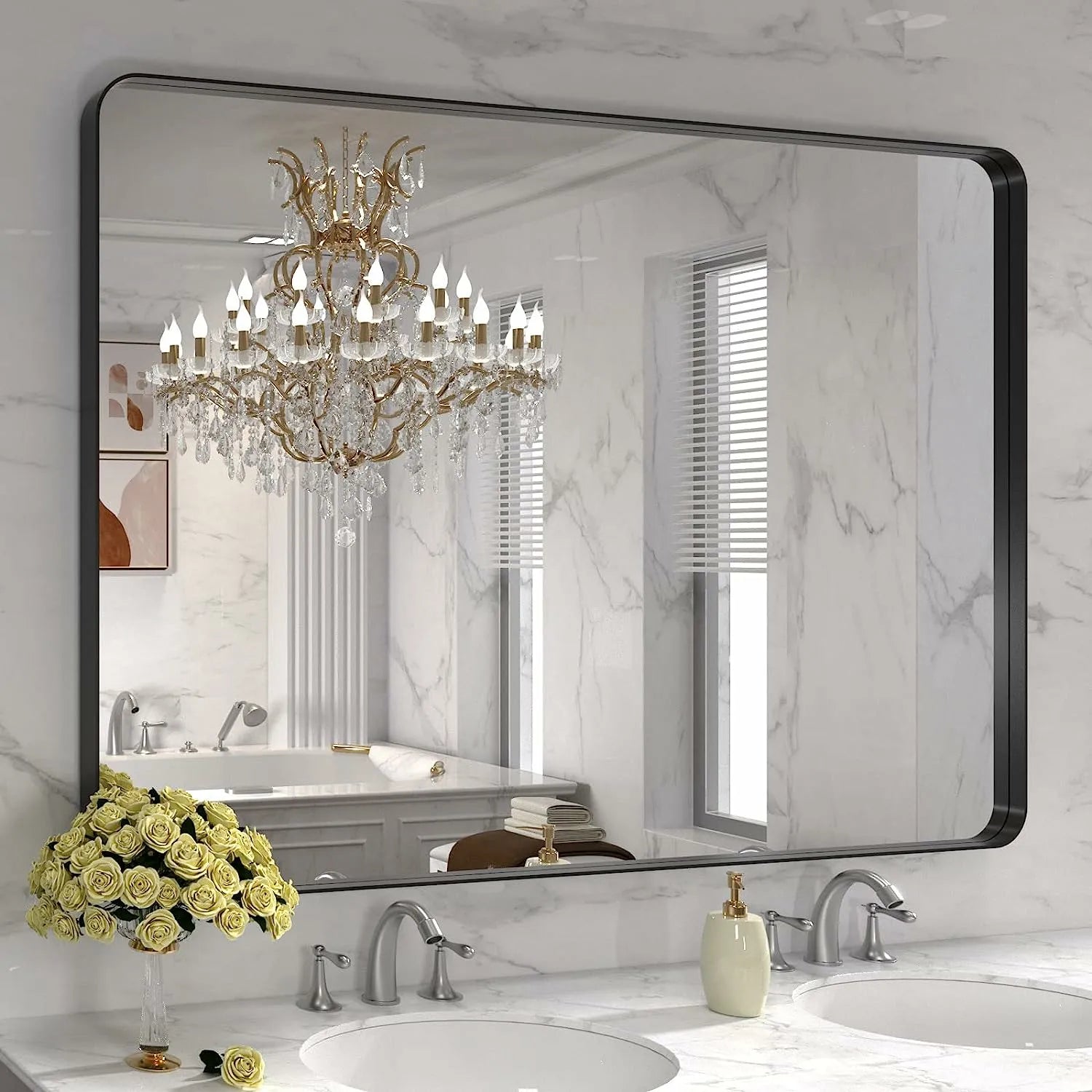 Hangs Horizontally or Vertically Matte Black Metal Framed Bathroom Vanity Mirror Farmhouse