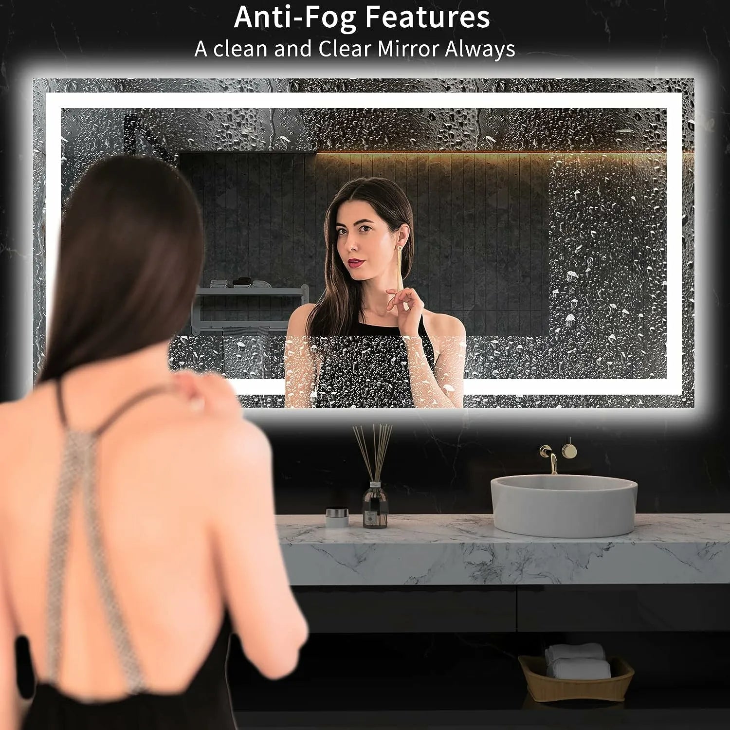 Tempered Glass Bathroom Mirror with Lights - Features Dimmable Backlit, Anti-Fog and Memory Function