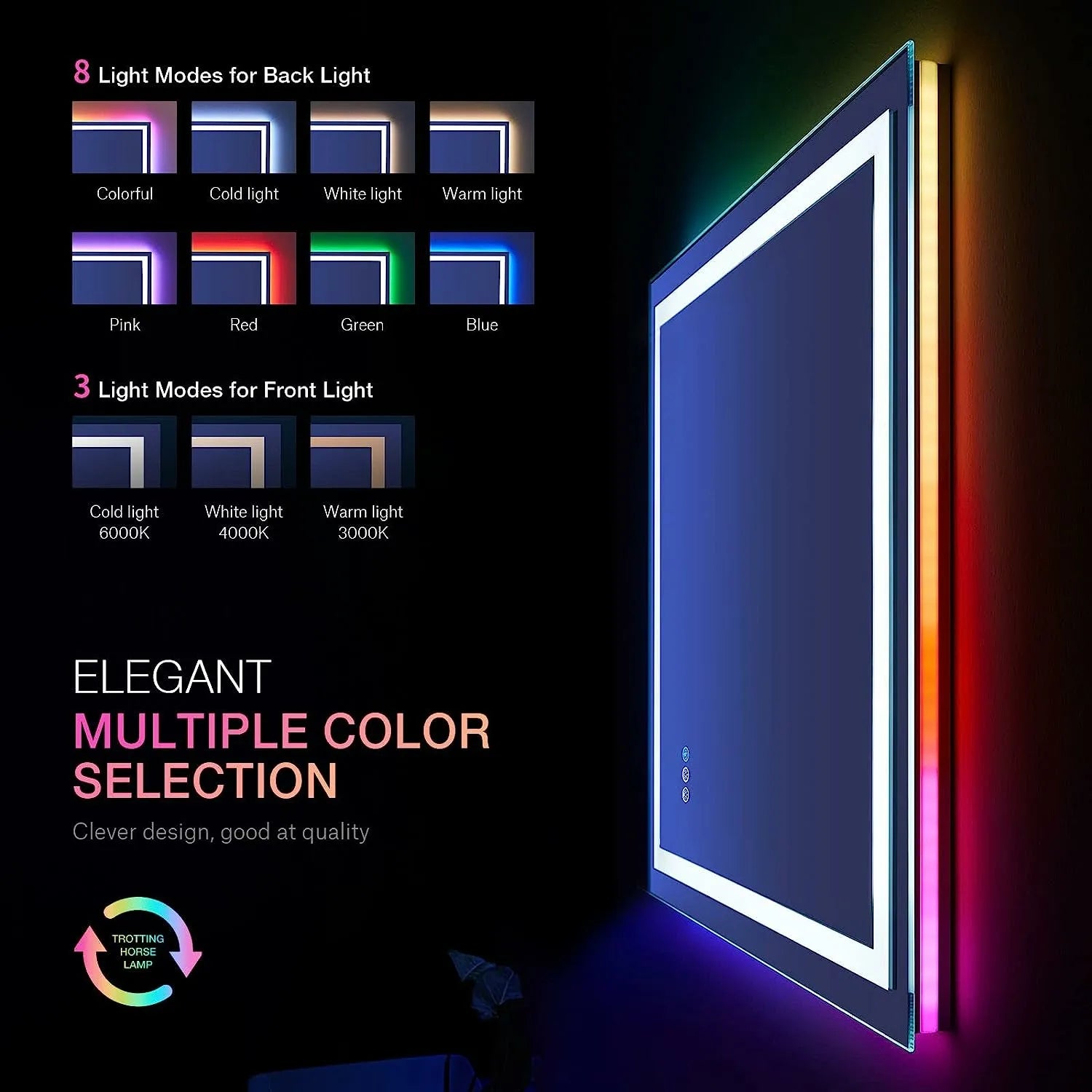 Shatter-Proof LED Bathroom Mirror with Lights Front Lighted Dimmable RGB Backlit Memory Function Anti-Fog