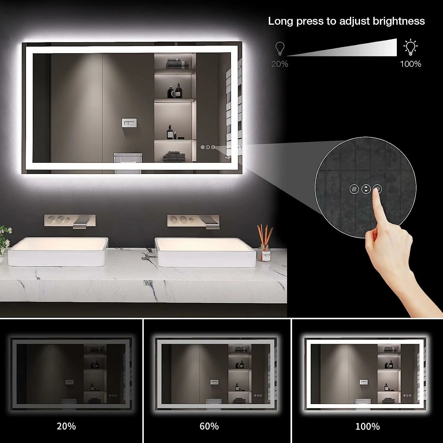 LED Bathroom Mirror with Lights Anti-Fog Dimmable Memory Function Tempered Glass