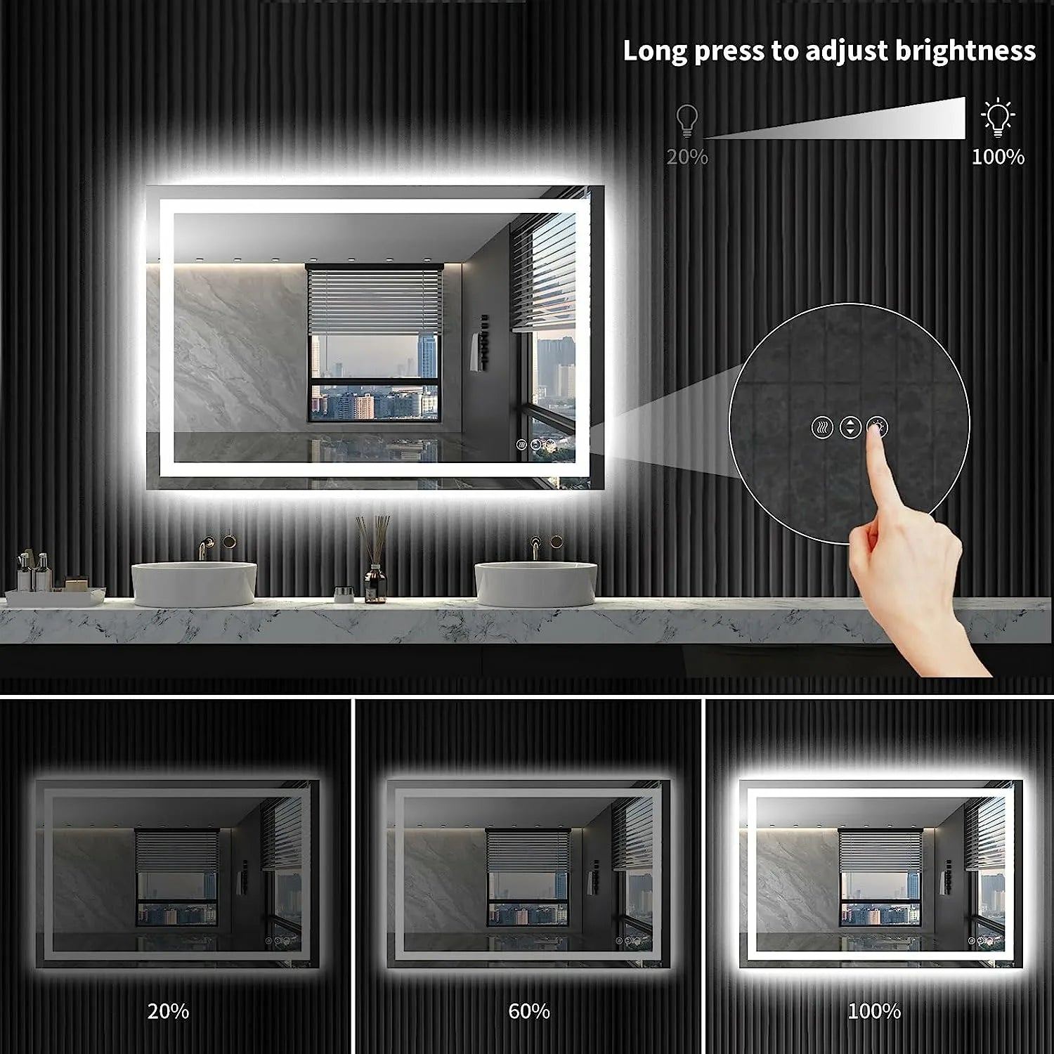 Waterproof LED Bathroom Mirror Anti-Fog Dimmable Backlit Memory Function