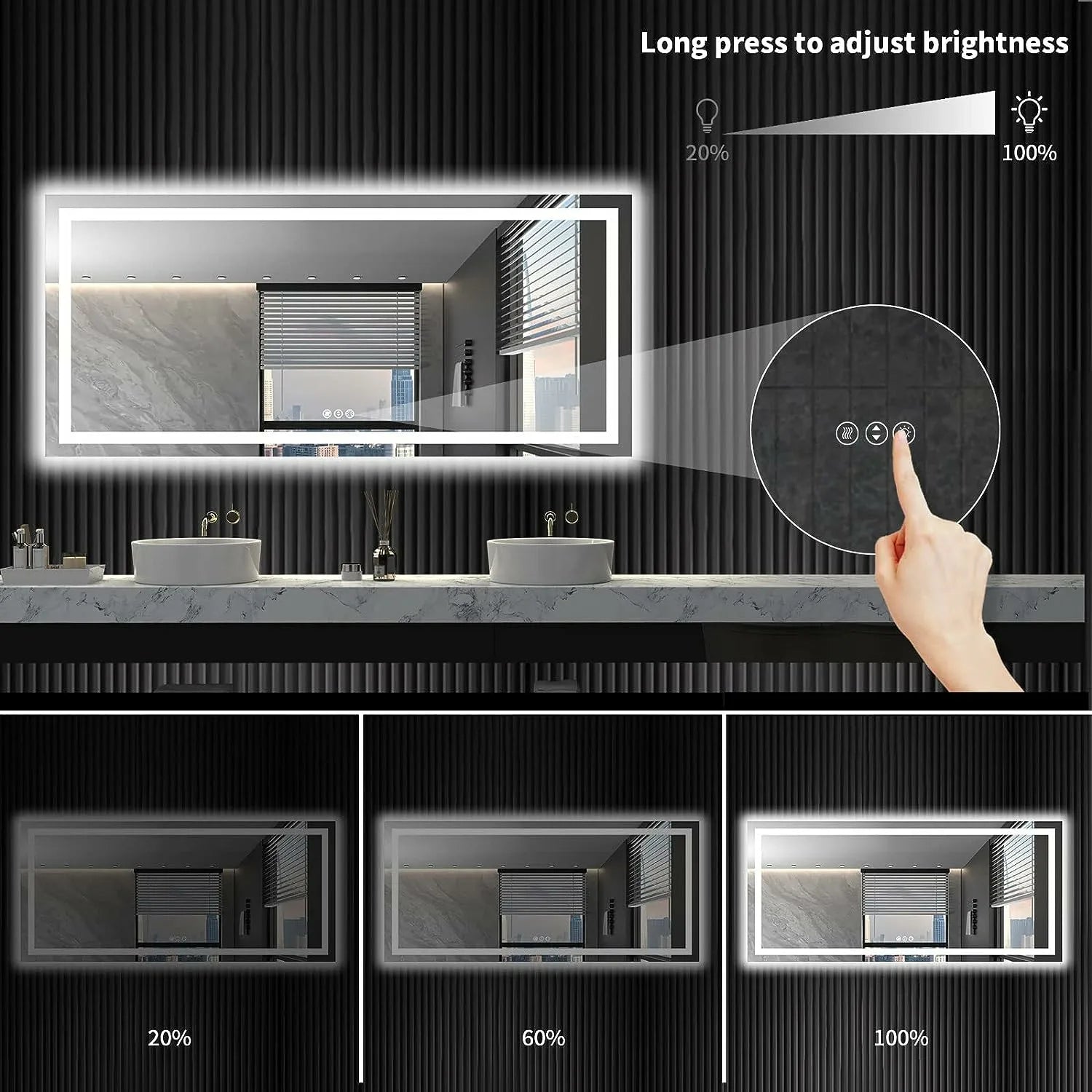 Shatter-Proof LED Bathroom Mirror Anti-Fog Dimmable Backlit Memory Function