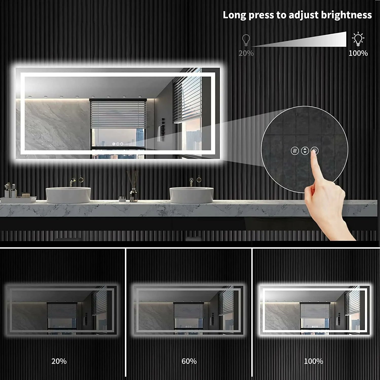 36"x96" Dimmable Backlit + Front Lit LED Bathroom Vanity Mirror with Anti-Fog and Memory Function