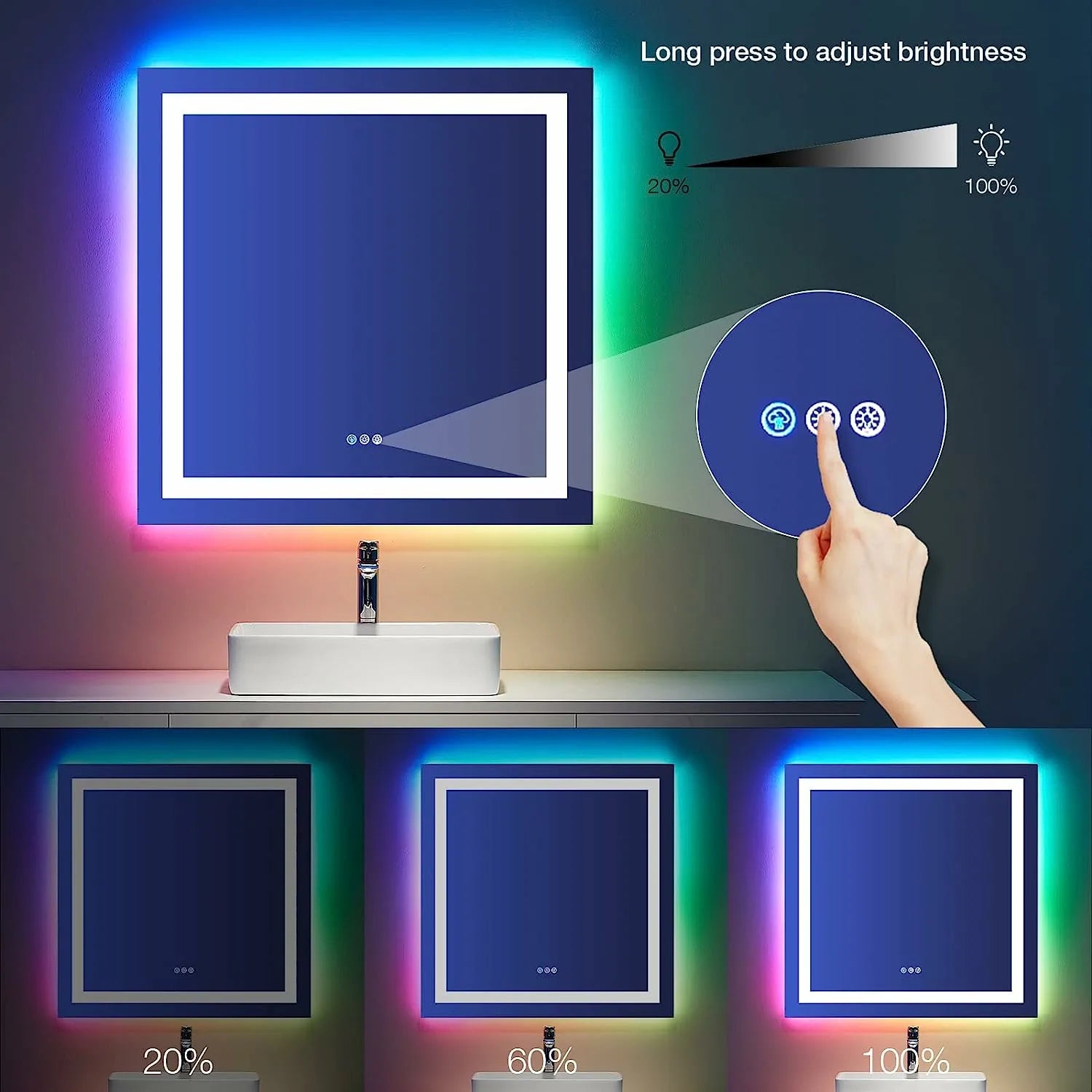 RGB Backlit + Front Lighted LED Bathroom Mirror with Lights Memory Function Dimmable Anti-Fog