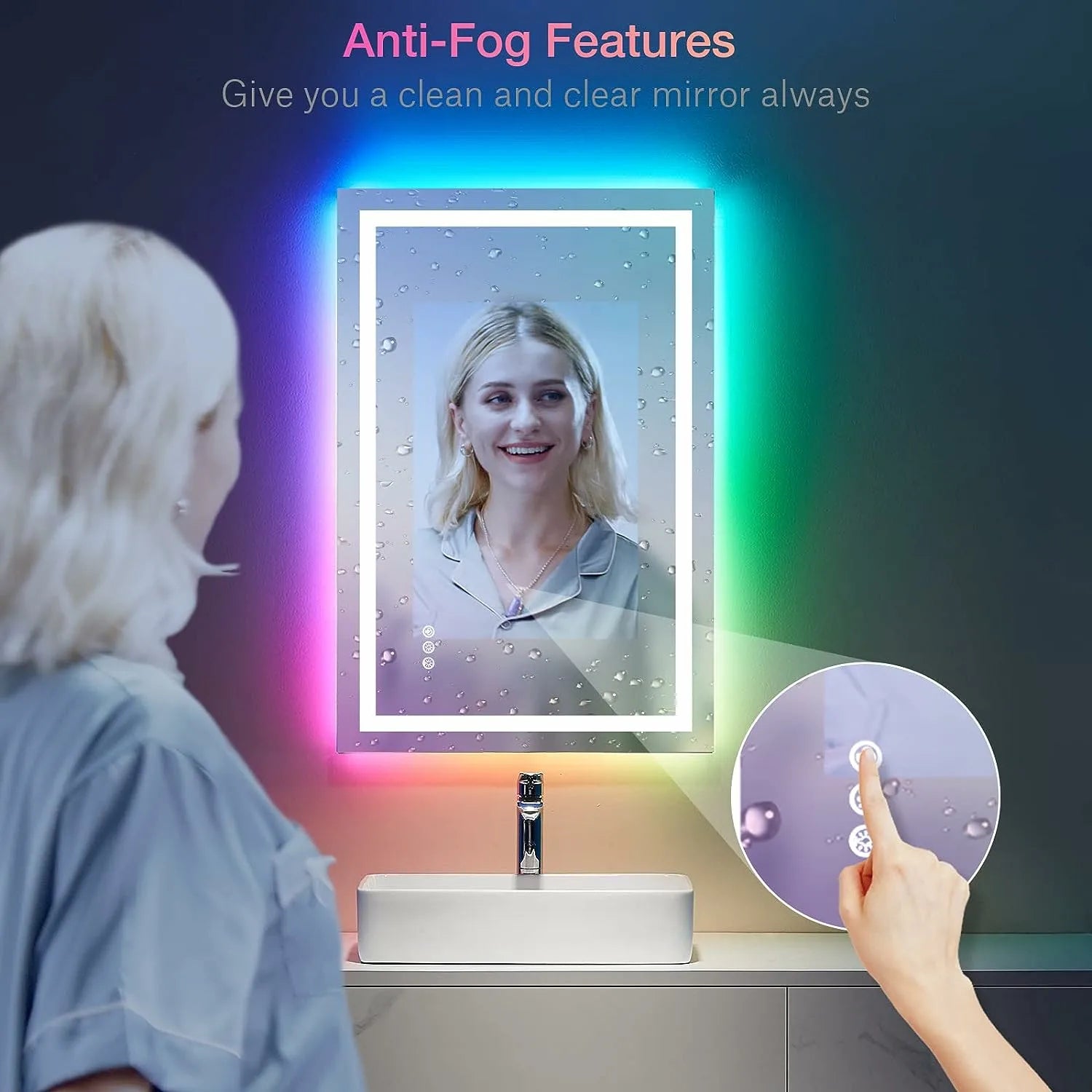 Shatter-Proof LED Bathroom Mirror with Lights Front Lighted Dimmable RGB Backlit Memory Function Anti-Fog