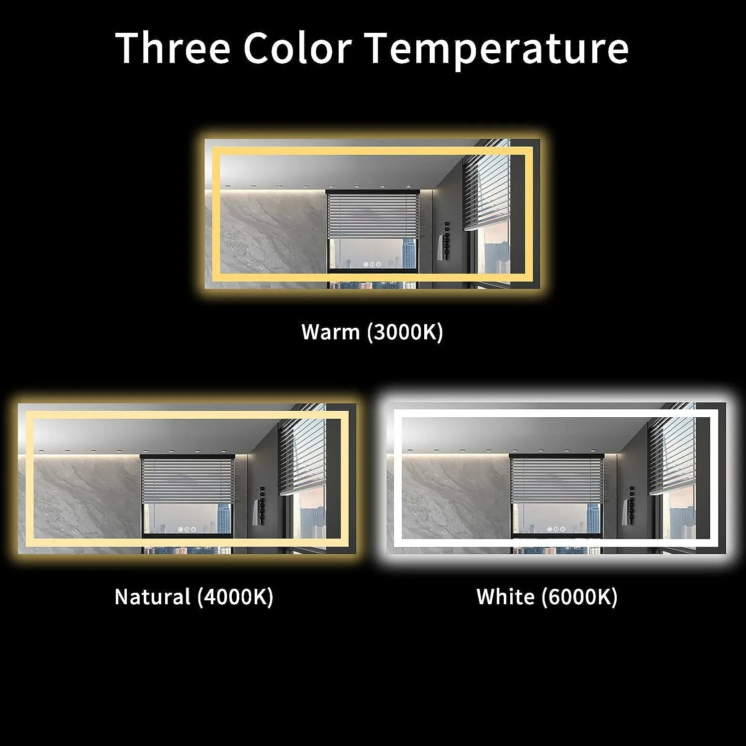 Shatter-Proof LED Bathroom Mirror Anti-Fog Dimmable Backlit Memory Function