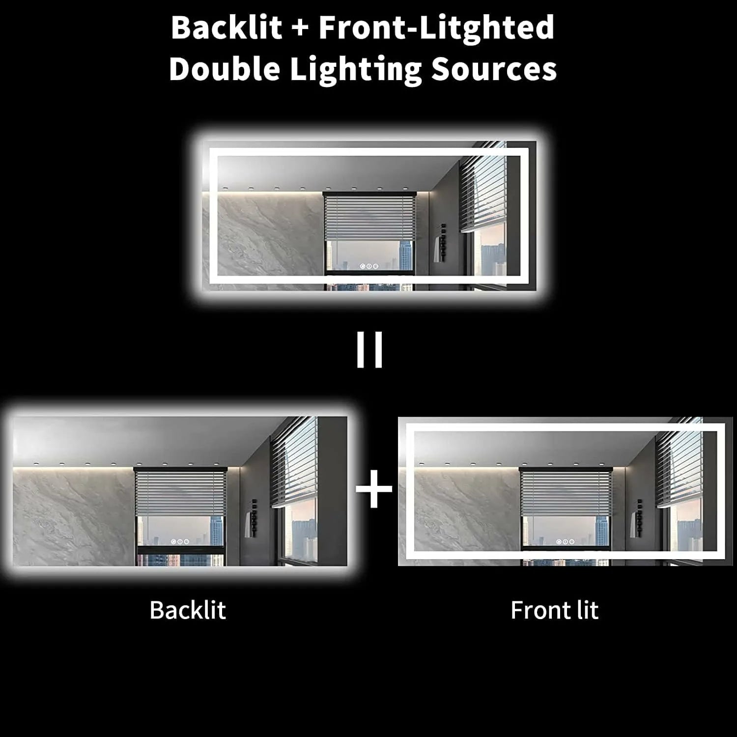 36"x96" Dimmable Backlit + Front Lit LED Bathroom Vanity Mirror with Anti-Fog and Memory Function