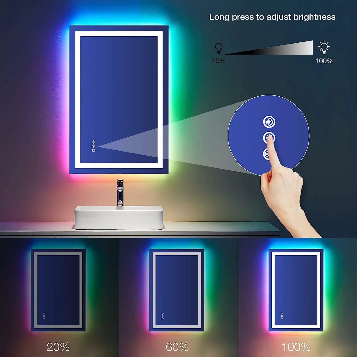 Shatter-Proof LED Bathroom Mirror with Lights Front Lighted Dimmable RGB Backlit Memory Function Anti-Fog