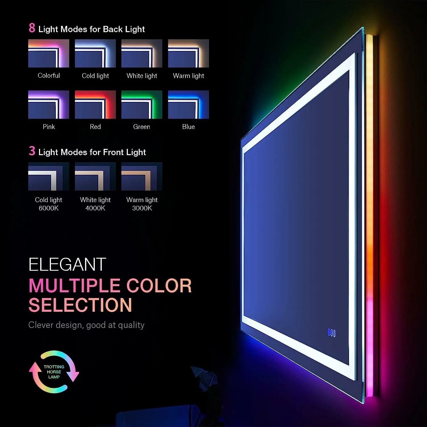 36"x48" RGB Light Anti-Fog Dimmable Backlit+Front Lighted Memory Function LED Bathroom Mirror