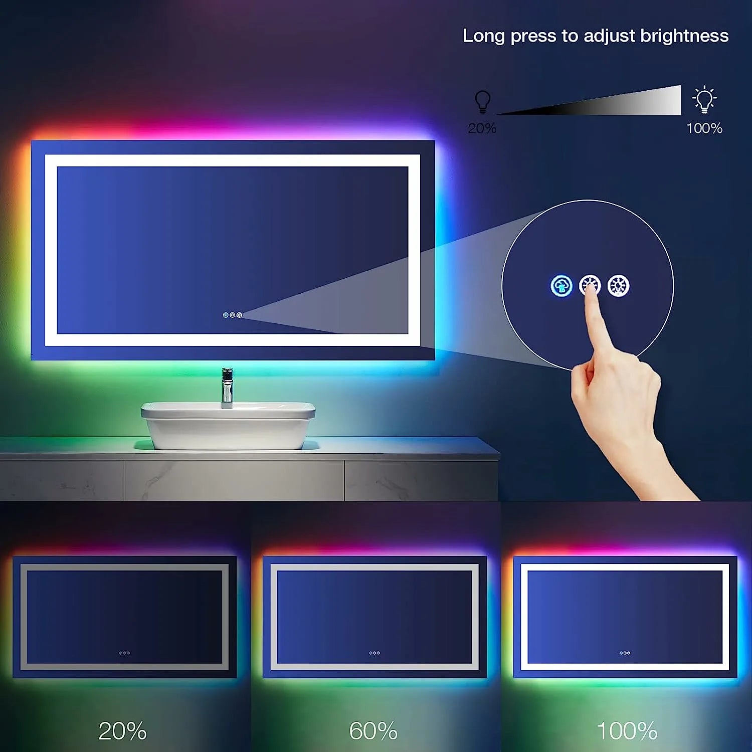 55"x30" LED RGB Backlit Bathroom Vanity Mirror Front Light Colorful Multiple Light Modes