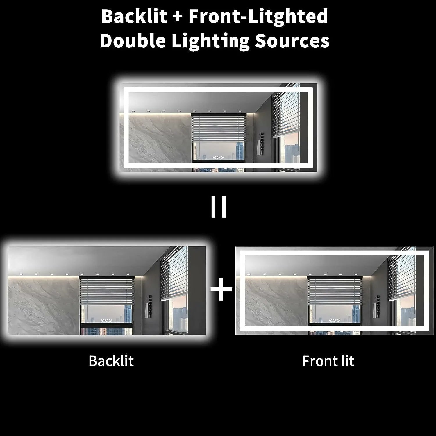 Shatter-Proof LED Bathroom Mirror Anti-Fog Dimmable Backlit Memory Function