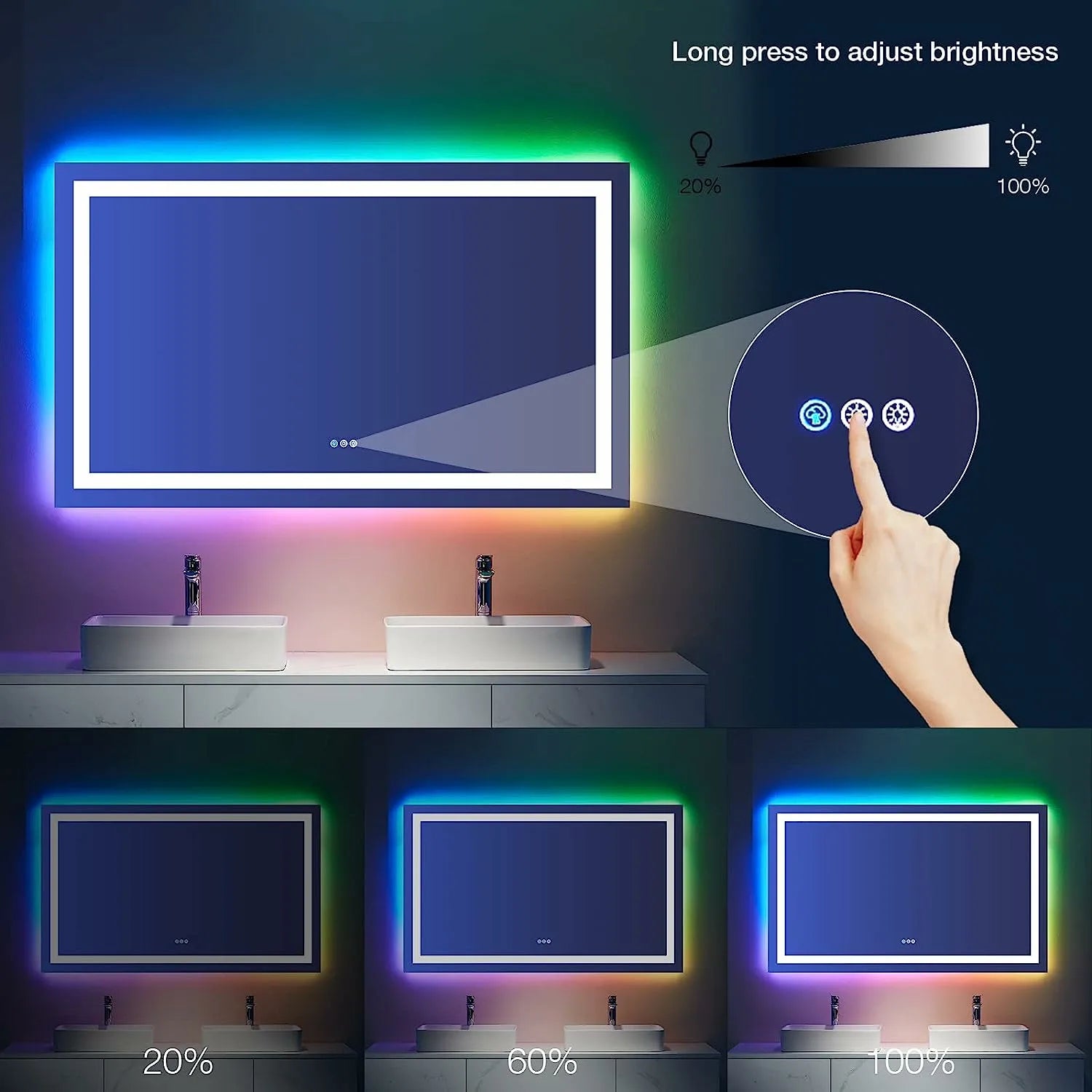 Memory Function Anti-Fog Dimmable RGB Backlit + Front Lighted LED Bathroom Mirror with Lights