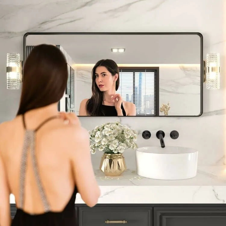 60"X28" Large Rounded Rectangle Matte Black Framed Bathroom Mirror