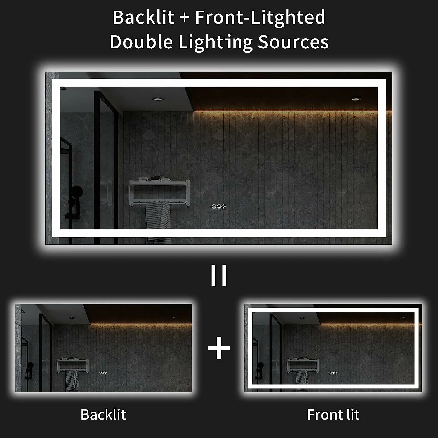 Tempered Glass Bathroom Mirror with Lights - Features Dimmable Backlit, Anti-Fog and Memory Function