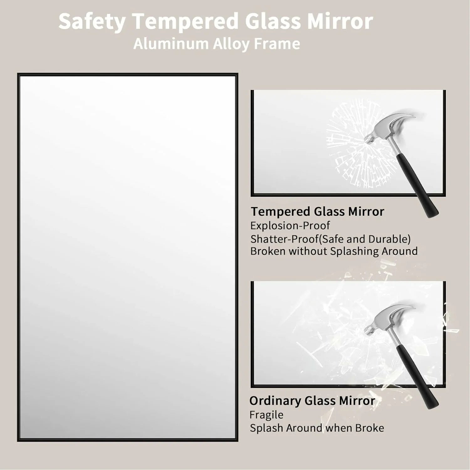 Tempered Glass Easy to Install Black Aluminum Alloy Frame Mirror