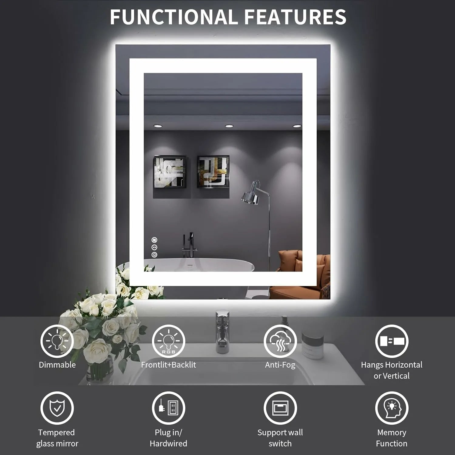 LOAAO Shatter-Proof LED Bathroom Mirror with Lights Tempered Glass Shatter-Proof