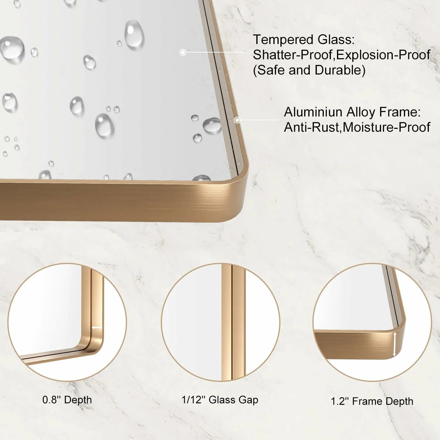 Anti-Rust Tempered Glass Gold Bathroom Mirror Hangs Horizontally or Vertically