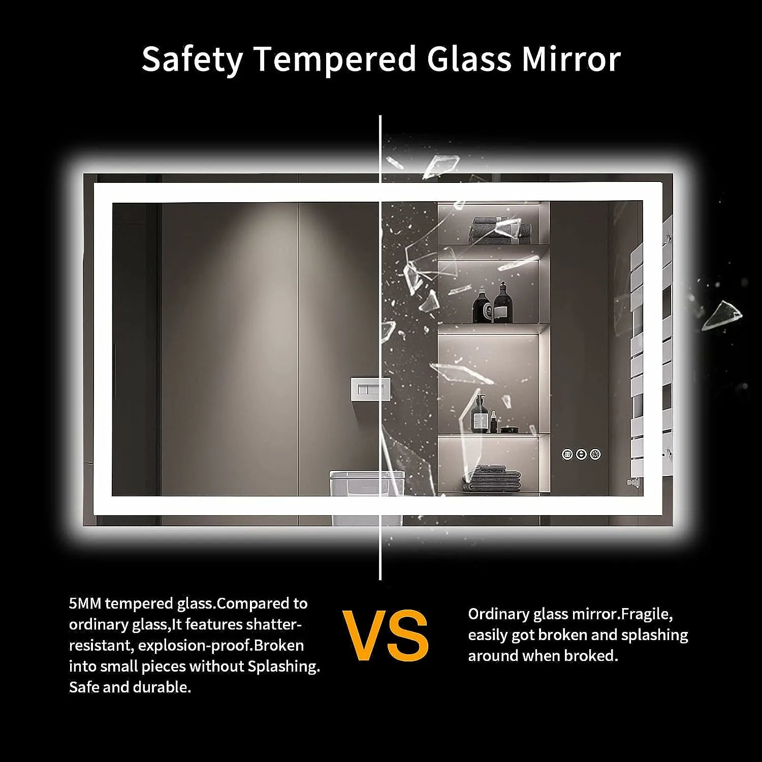 LED Bathroom Mirror with Lights Anti-Fog Dimmable Memory Function Tempered Glass