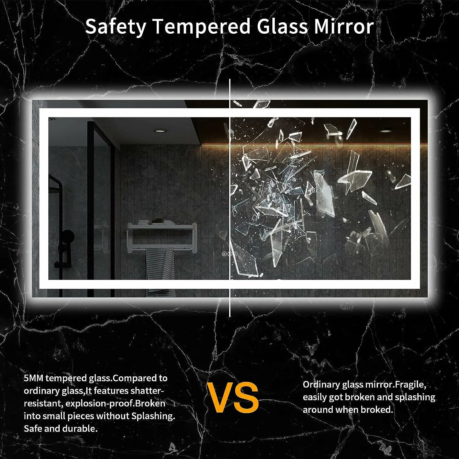 Tempered Glass Bathroom Mirror with Lights - Features Dimmable Backlit, Anti-Fog and Memory Function