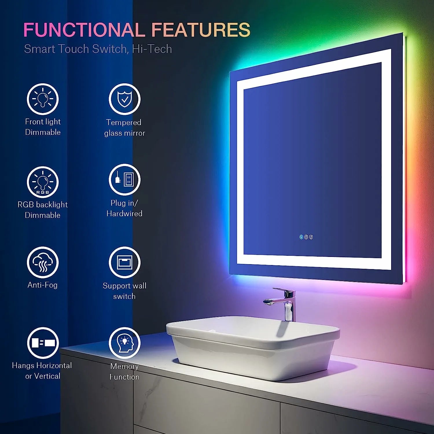 RGB Backlit + Front Lighted LED Bathroom Mirror with Lights Memory Function Dimmable Anti-Fog