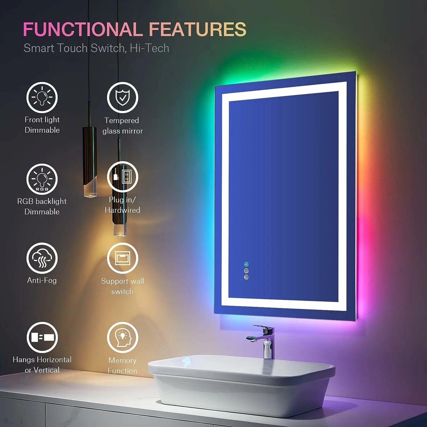 Shatter-Proof LED Bathroom Mirror with Lights Front Lighted Dimmable RGB Backlit Memory Function Anti-Fog