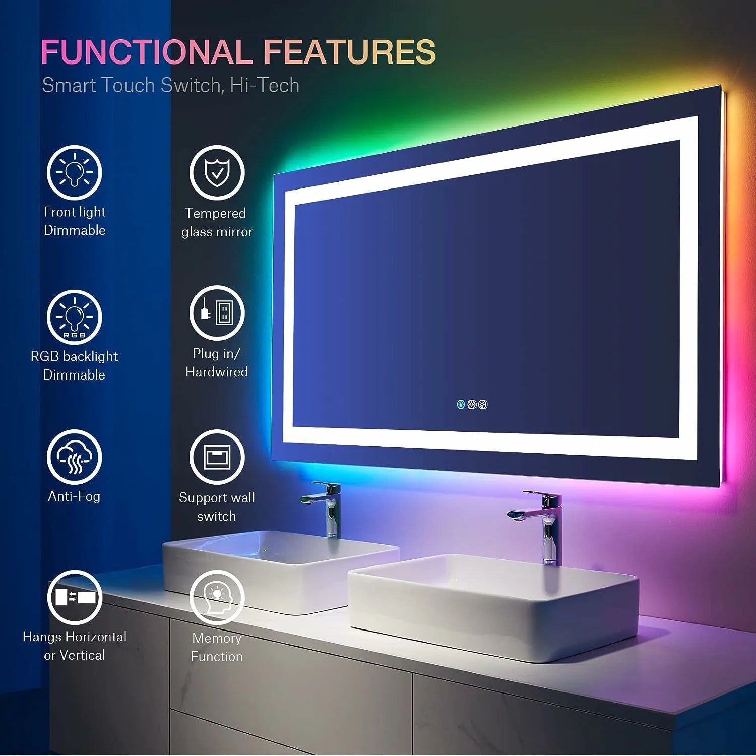 55"x30" LED RGB Backlit Bathroom Vanity Mirror Front Light Colorful Multiple Light Modes