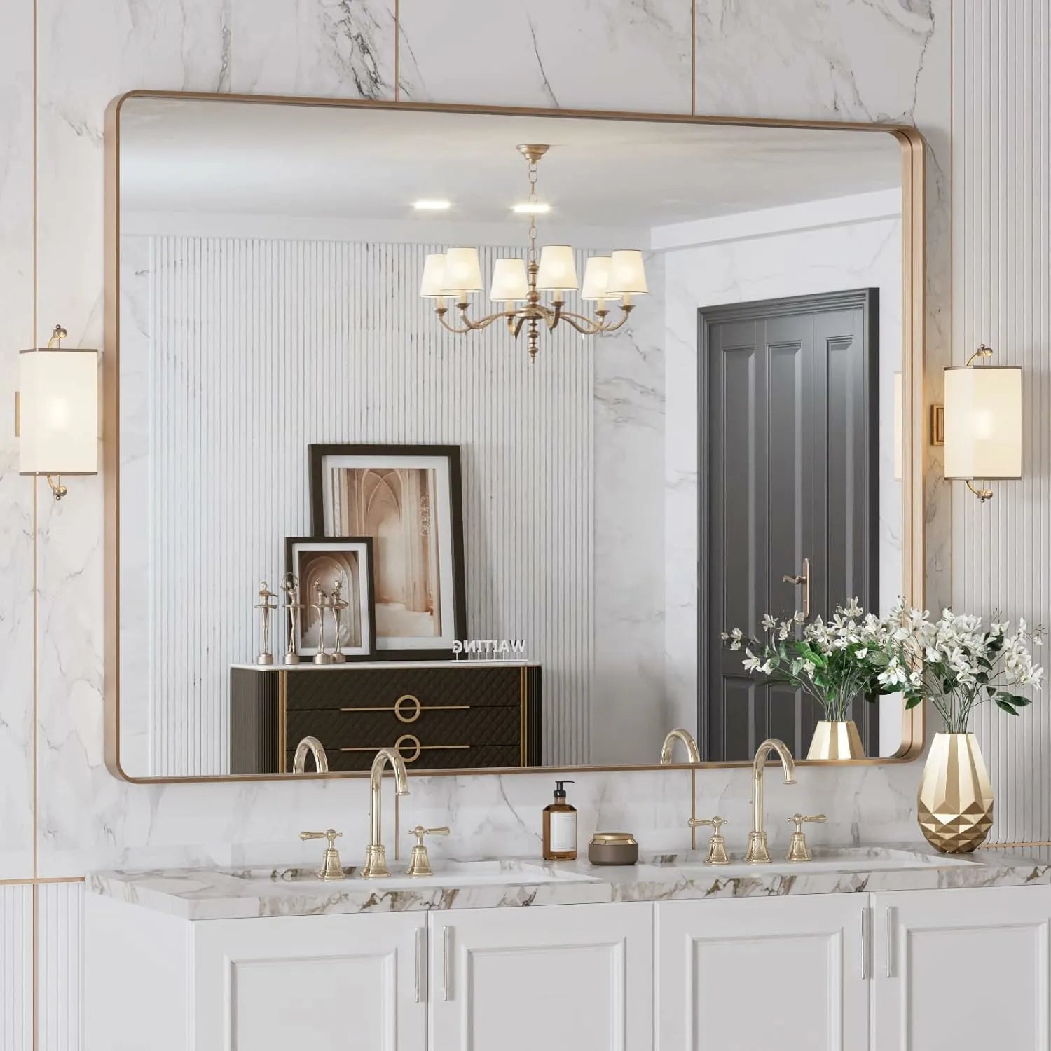 Rounded Rectangle Anti-Rust Gold Frame Bathroom Mirror