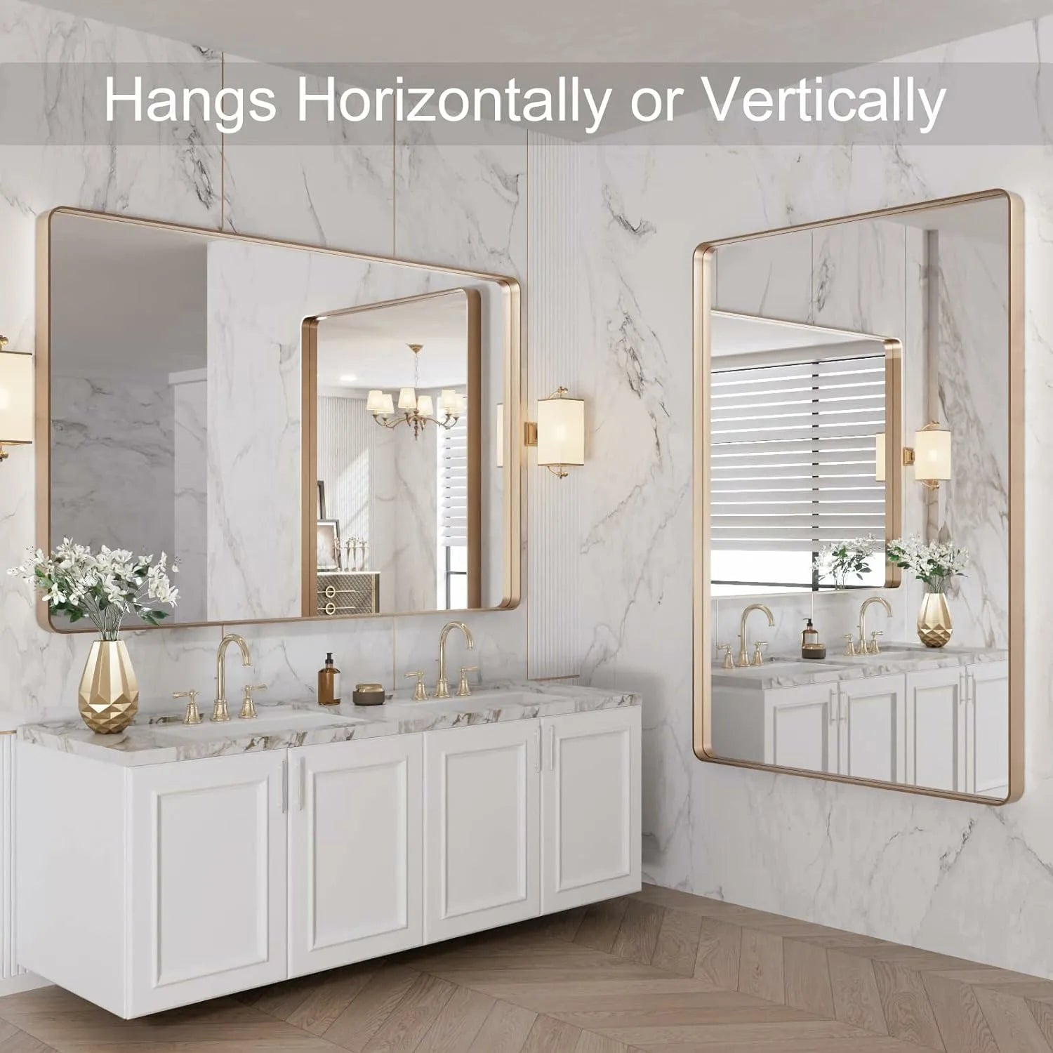 Tempered Glass Rectangle Gold Frame Bathroom Vanity Mirror