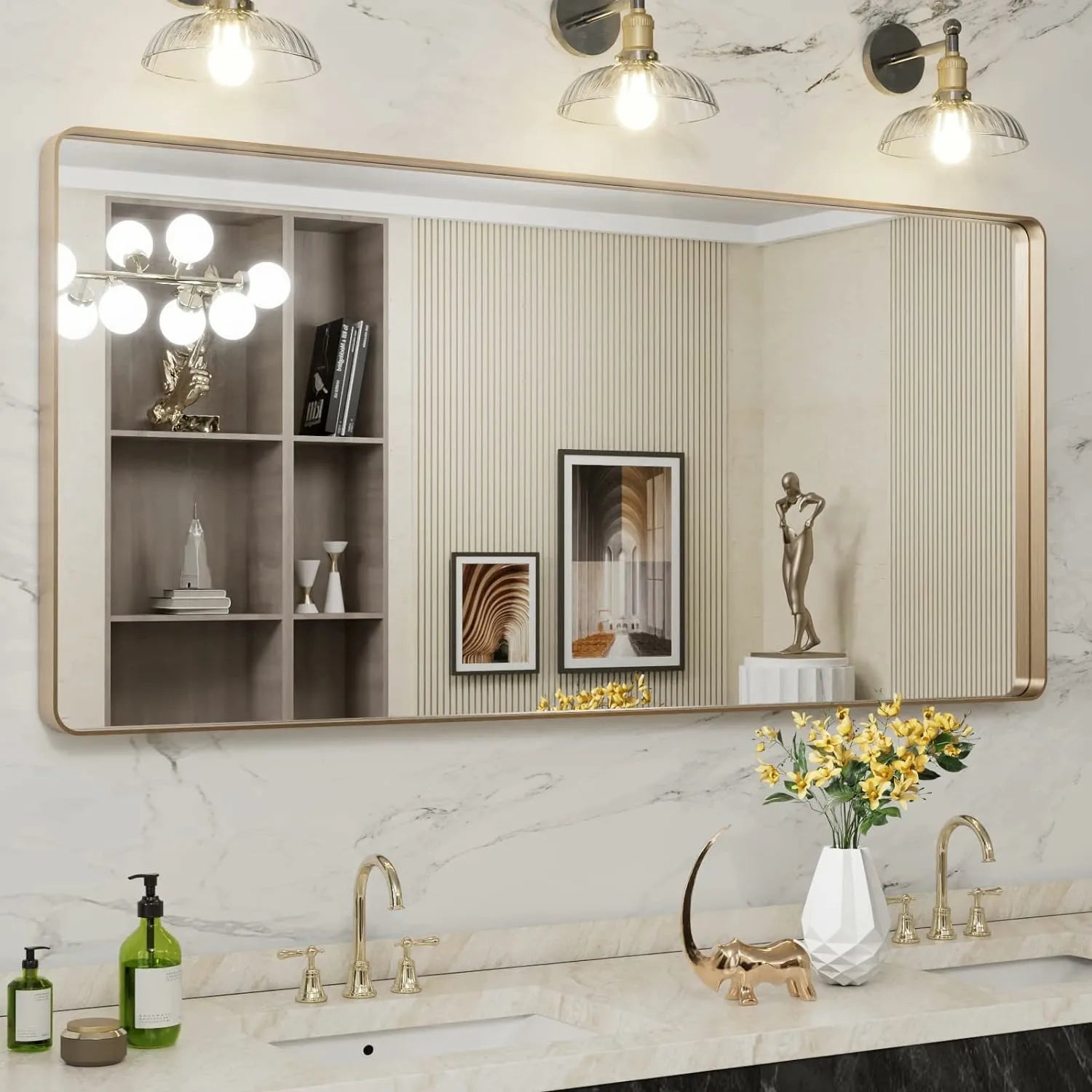 High Quality Tempered Glass Brushed Gold Bathroom Mirror