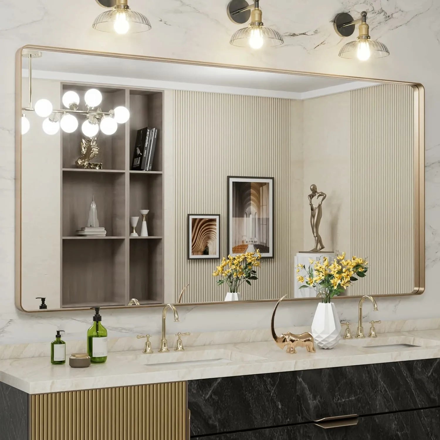 Rounded Rectangle Tempered Glass Anti-Rust Gold Bathroom Mirror