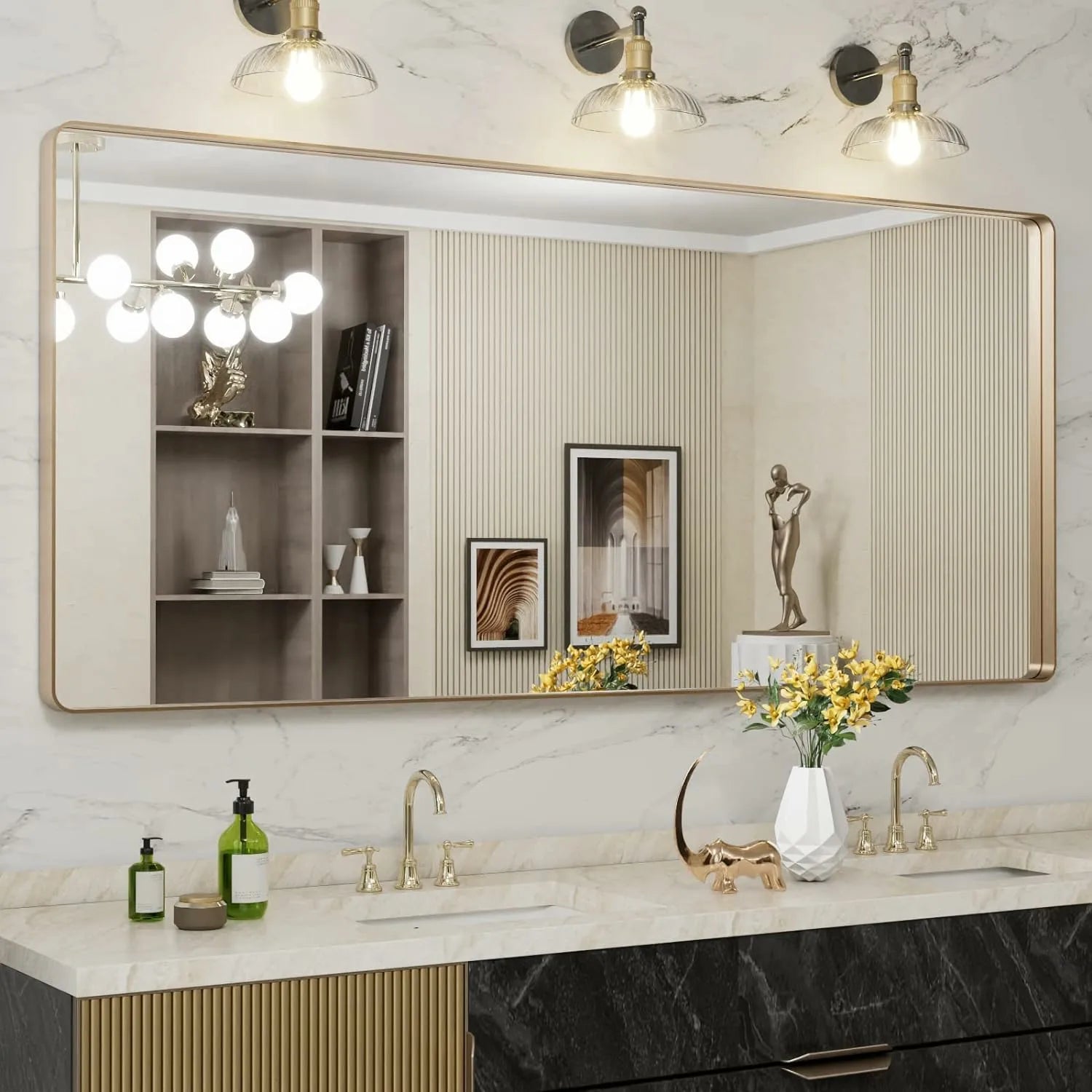 Large Hangs Horizontally or Vertically Gold Bathroom Vanity Mirror