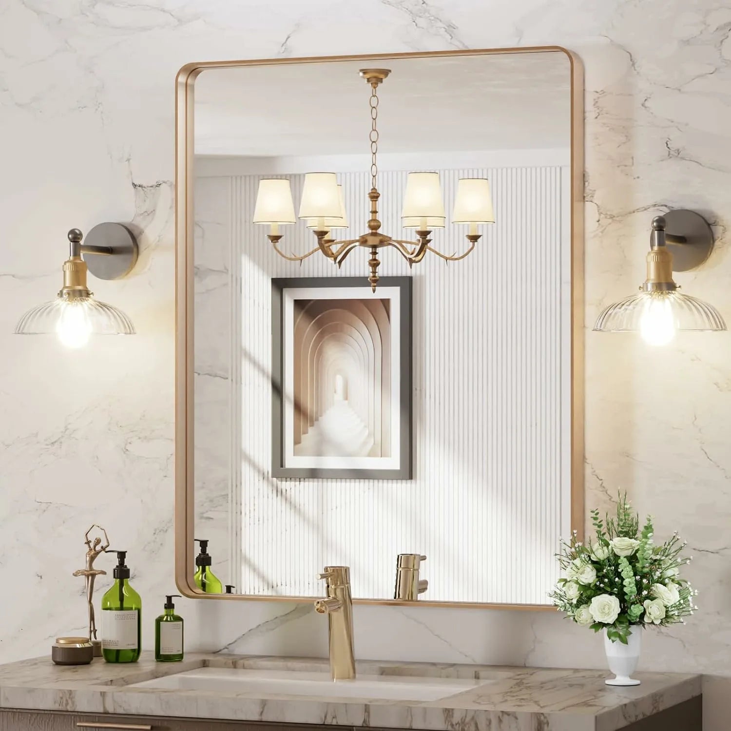 Tempered Glass Wall-Mounted Brushed Gold Bathroom Vanity Mirror