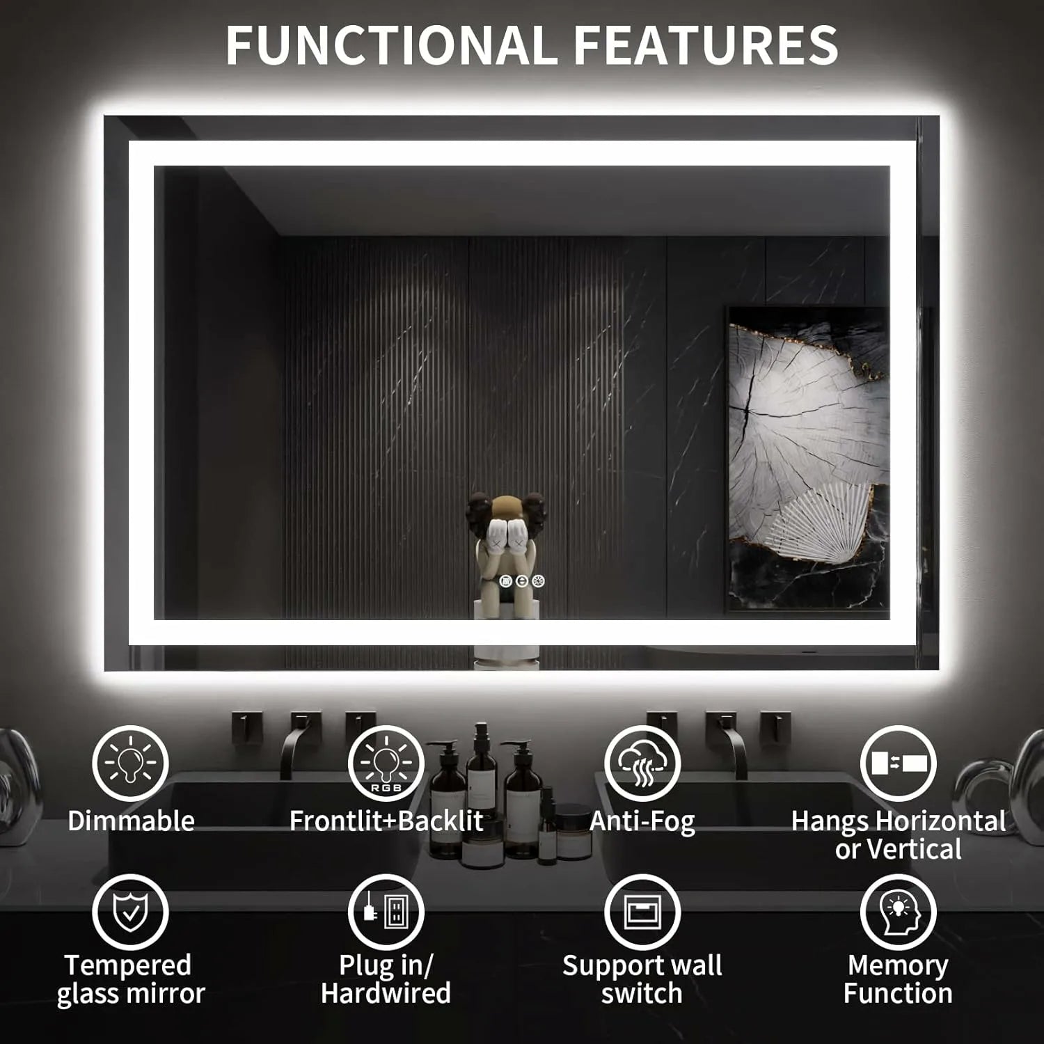 LOAAO 60"X40" Anti-Fog Dimmable Memory Function LED Bathroom Vanity Mirror