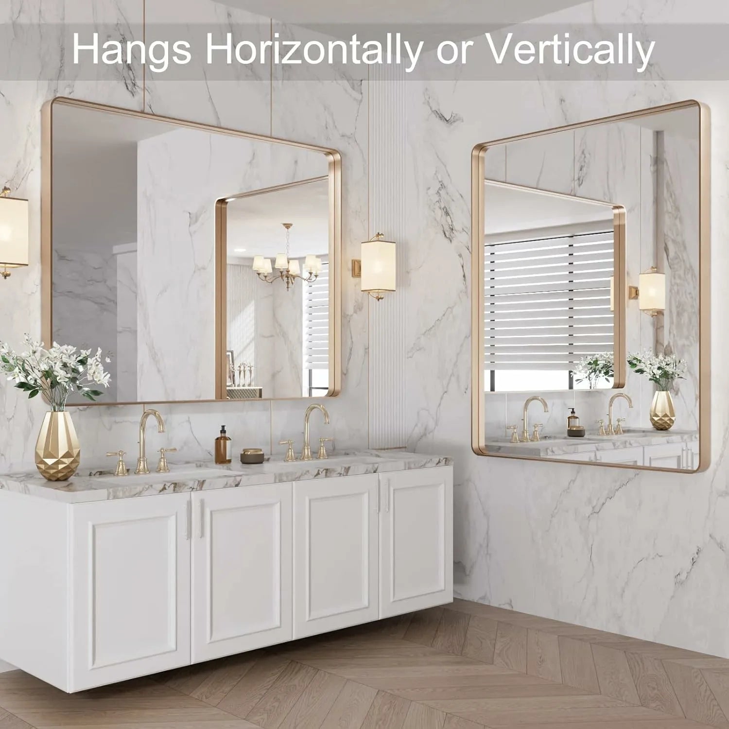 Anti-Rust Tempered Glass Gold Bathroom Mirror Hangs Horizontally or Vertically