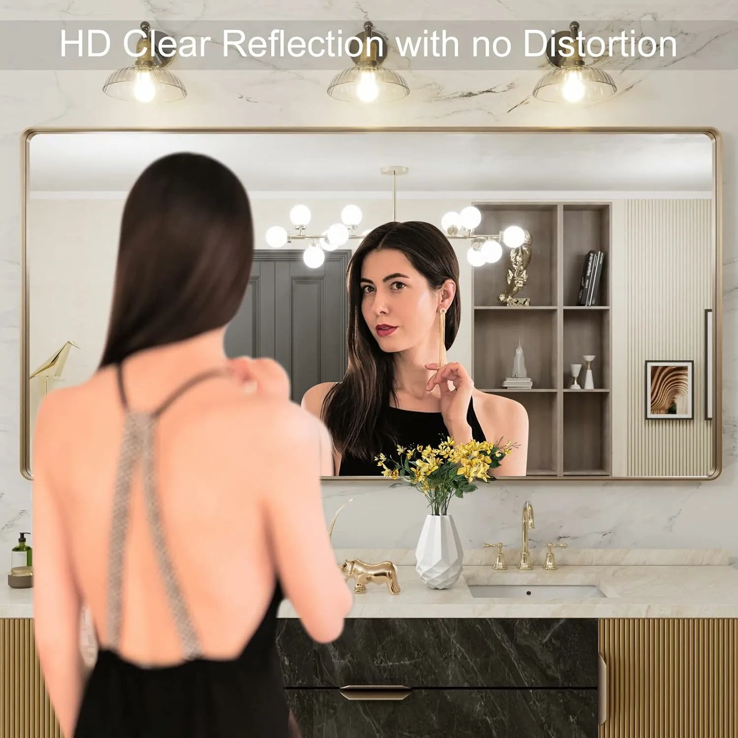 Rounded Rectangle Tempered Glass Anti-Rust Gold Bathroom Mirror