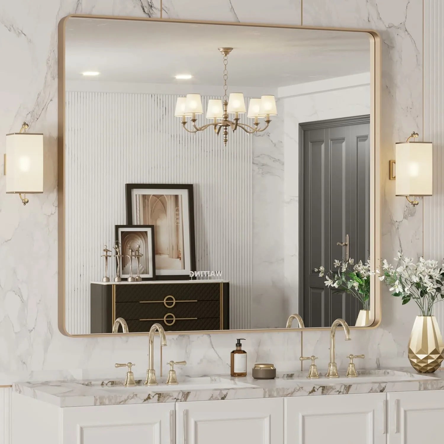 40”X36” Anti-Rust Tempered Glass Gold Bathroom Mirror