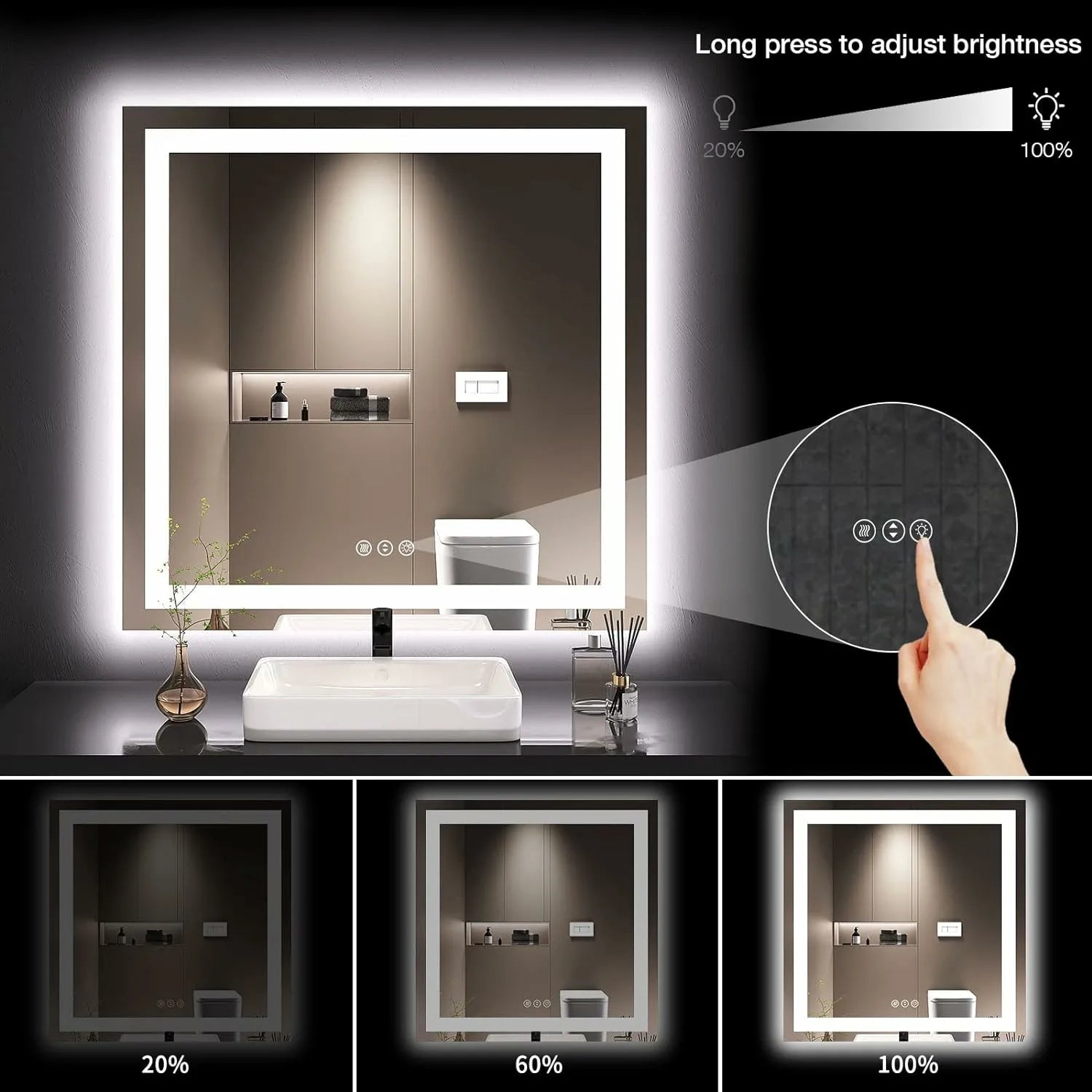 LOAAO 36X36 Tempered Glass Dimmable Memory Function Lighted Bathroom Vanity Mirror for Wall