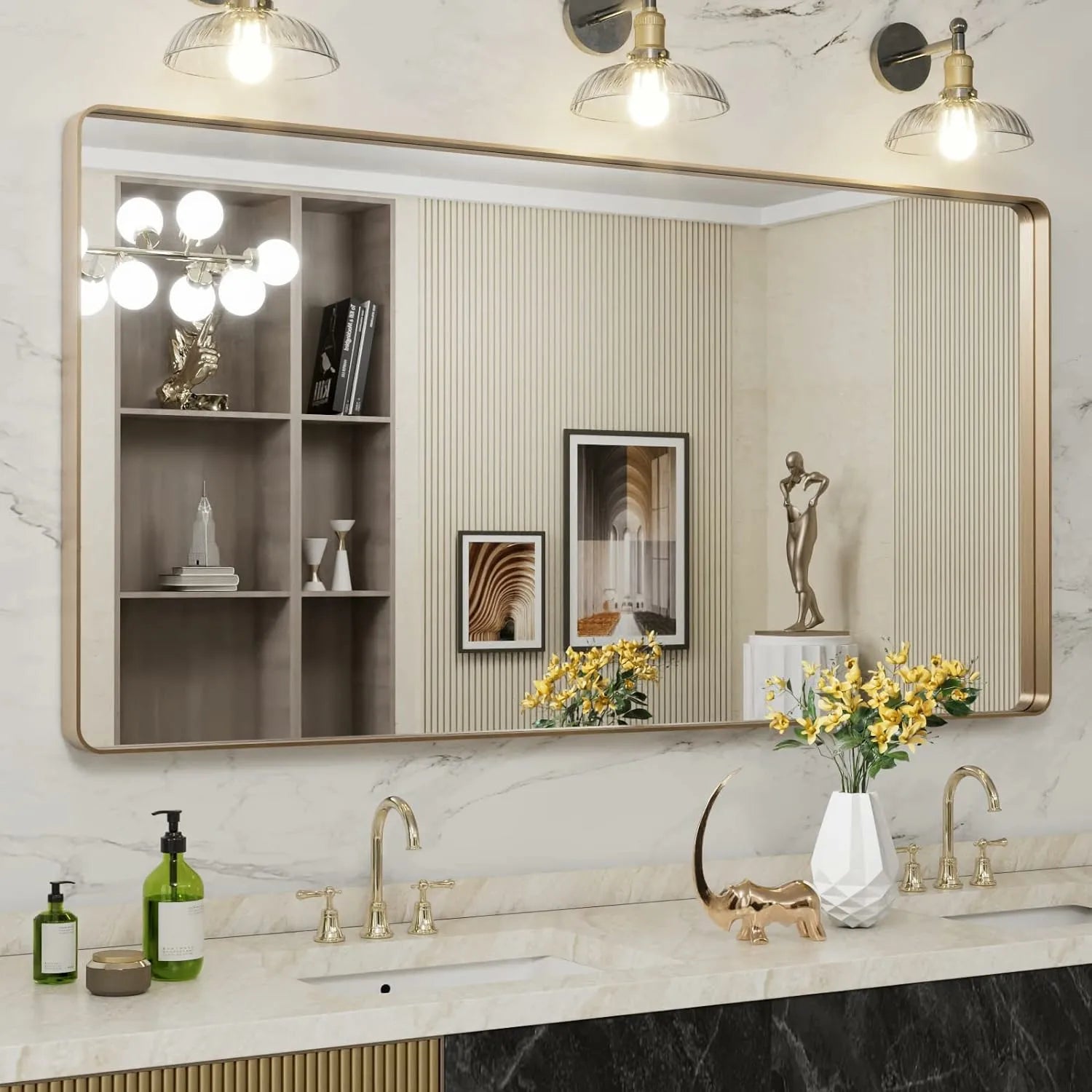 LOAAO Rounded Rectangle Brushed Gold Frame Mirror