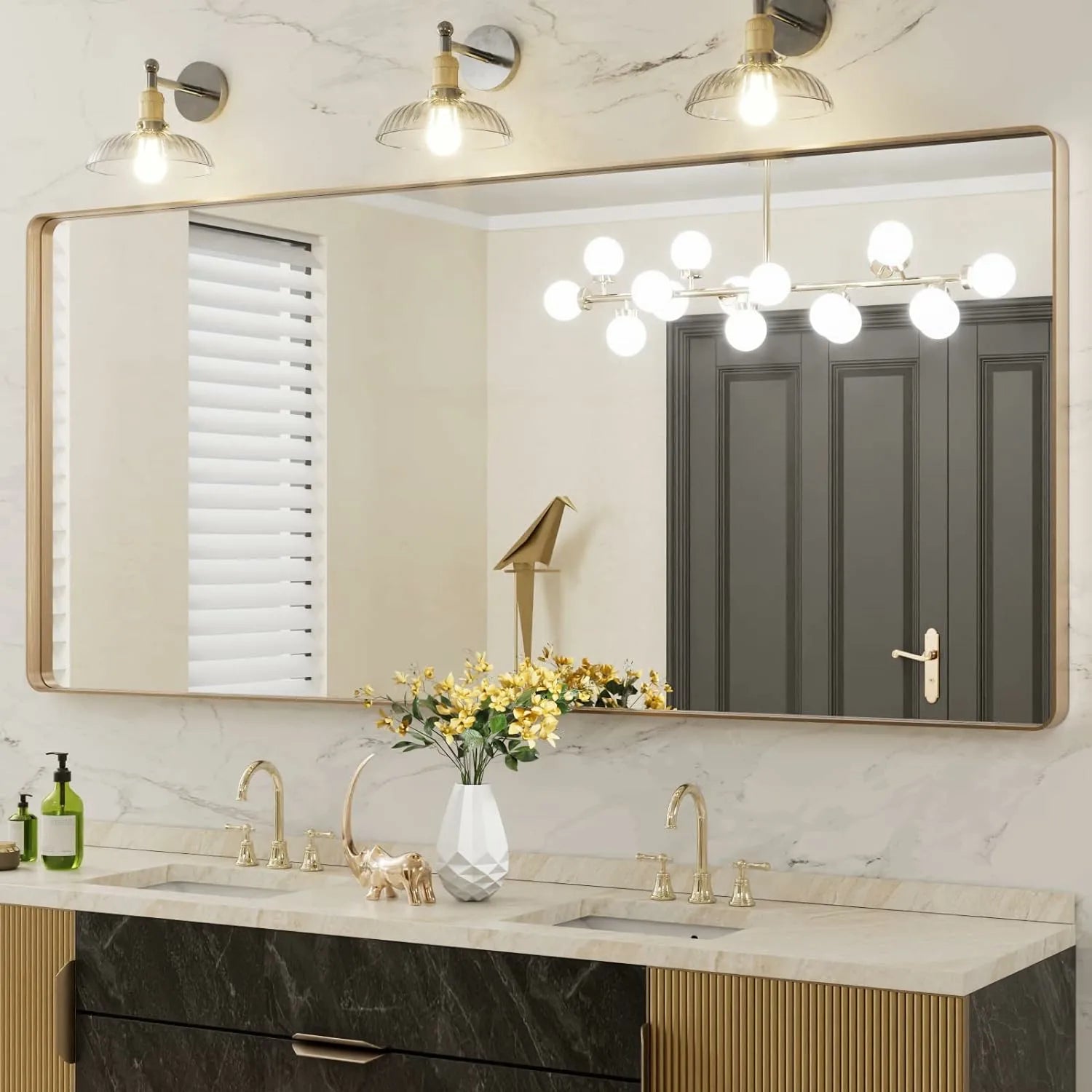 Large Hangs Horizontally or Vertically Gold Bathroom Vanity Mirror