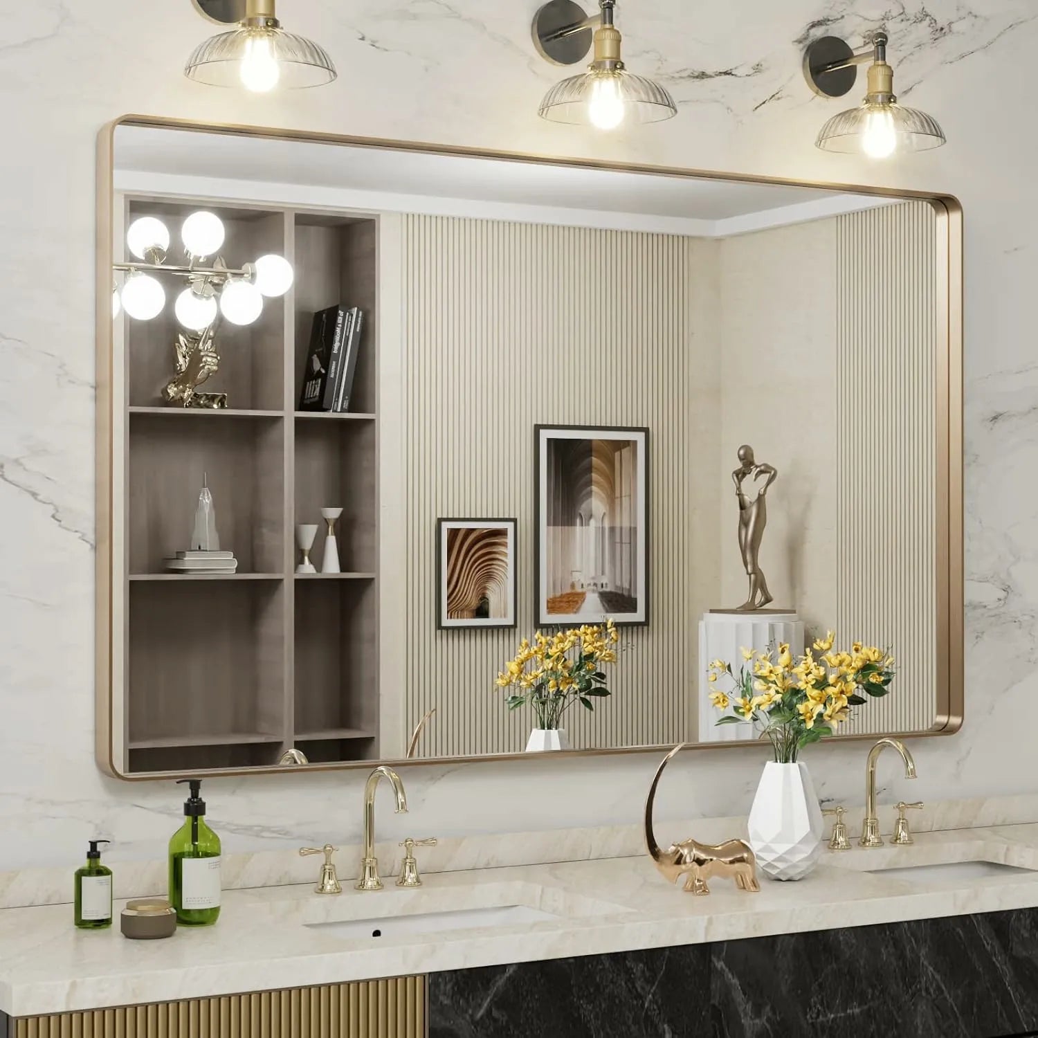 Bathroom Wall-Mounted Anti-Rust Tempered Glass Gold Frame Mirror