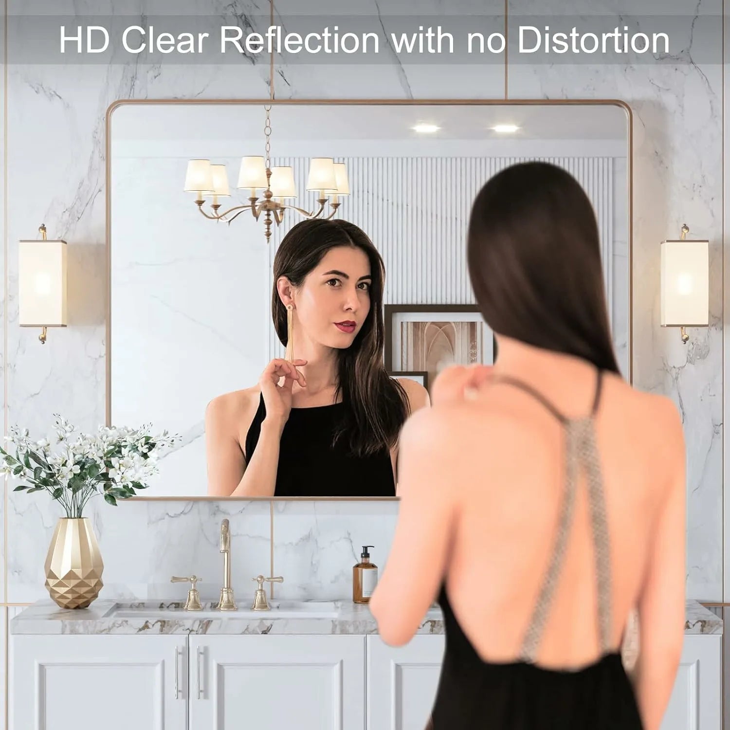 Rectangle Wall-Mounted Anti-Rust Tempered Glass Gold Bathroom Mirror