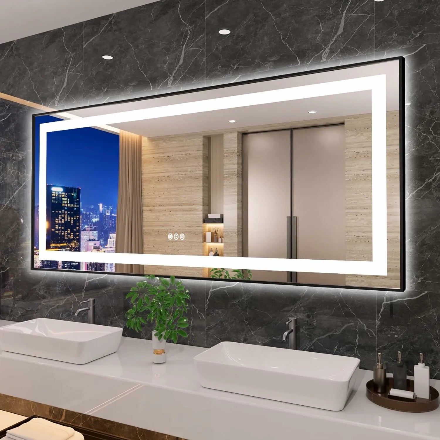 Front Light and Backlit Black Frame LED Bathroom Mirror