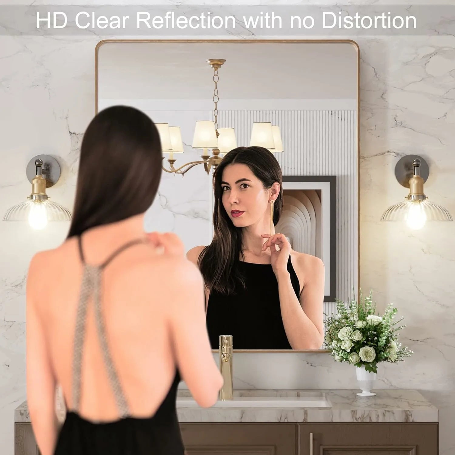 Hangs Horizontally or Vertically Tempered Glass Brushed Gold Bathroom Vanity Mirror