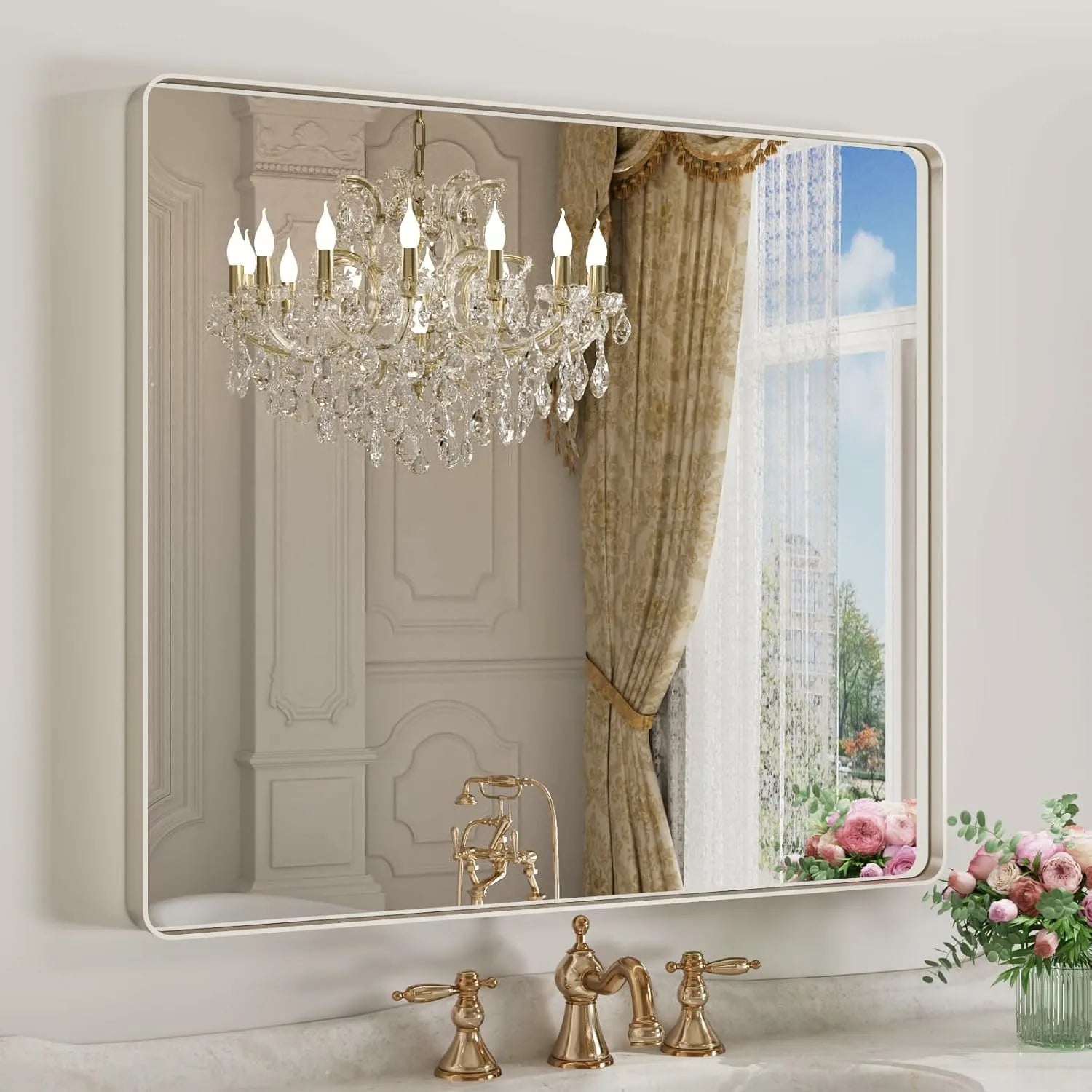 40"X36" Rounded Rectangle Silver Metal Frame Bathroom Mirror