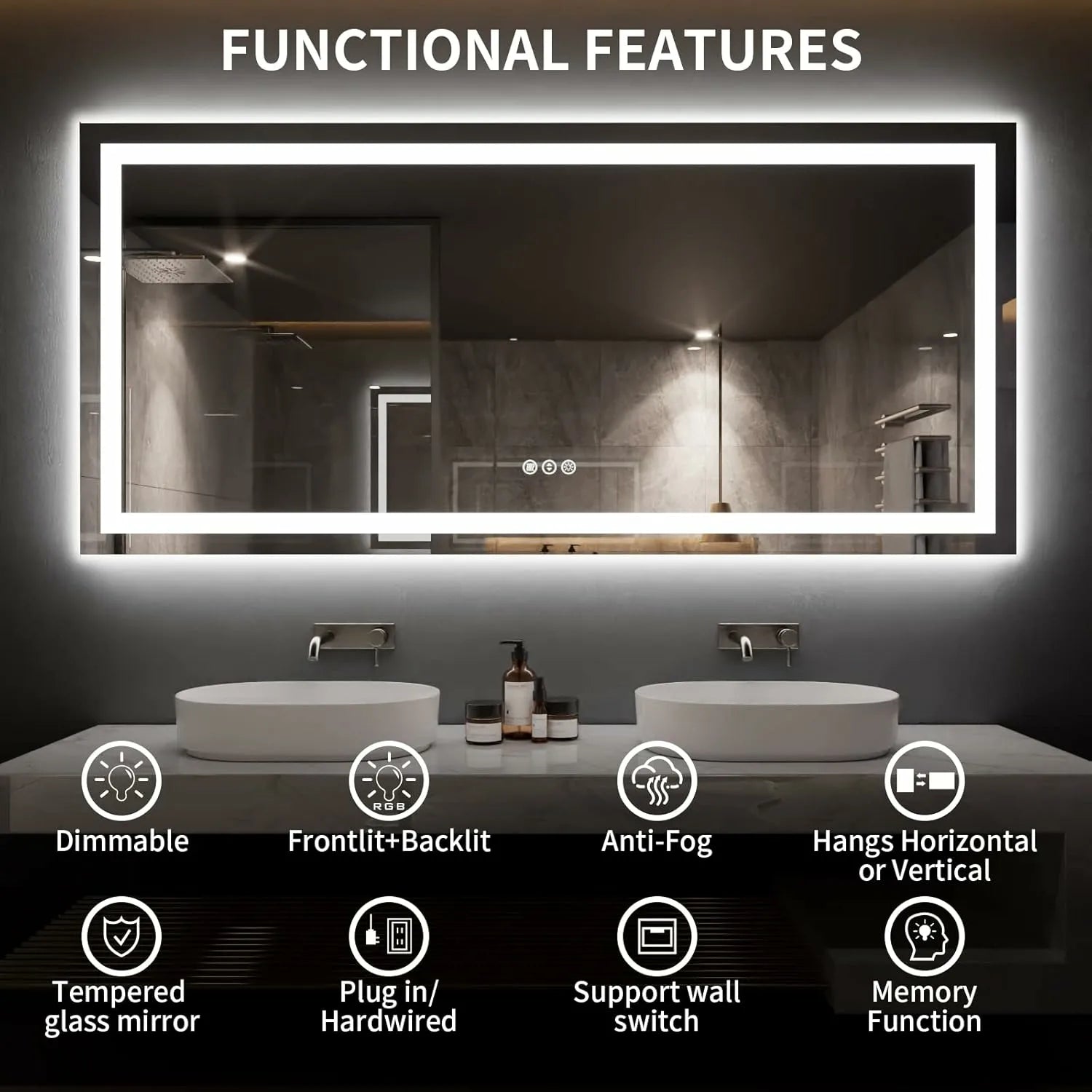 LOAAO 77"X36" Anti-Fog Backlit + Front Lit LED Bathroom Mirror Easy to Install