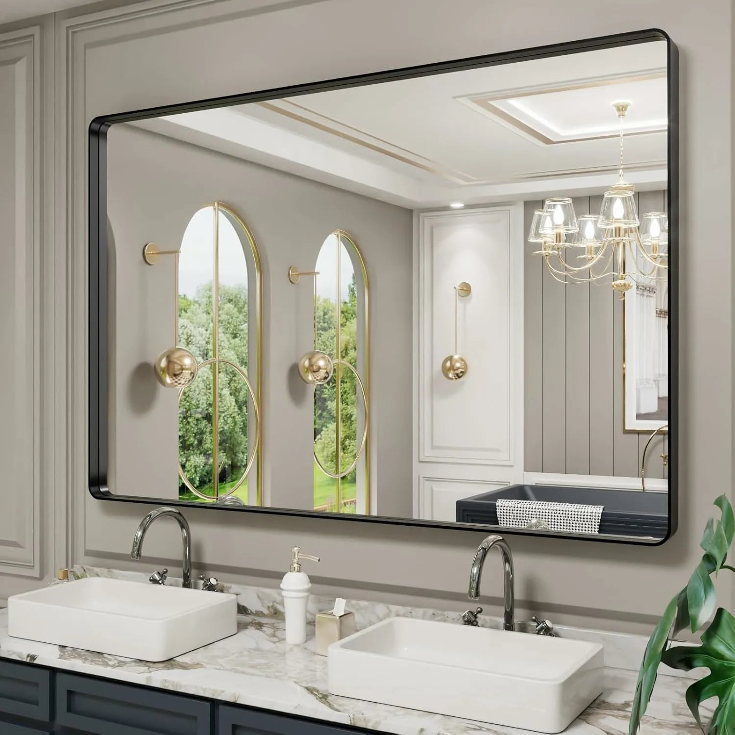 LOAAO 60"X40" Tempered Glass Matte Black Framed Bathroom Mirror