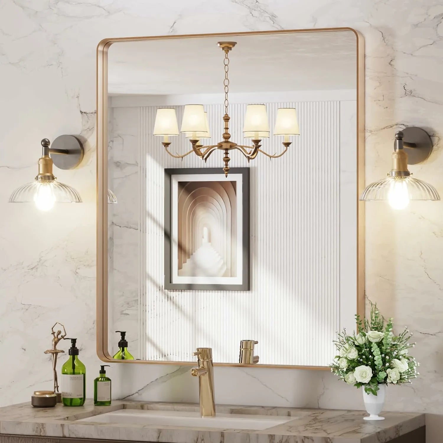 Hangs Horizontally or Vertically Tempered Glass Brushed Gold Bathroom Vanity Mirror