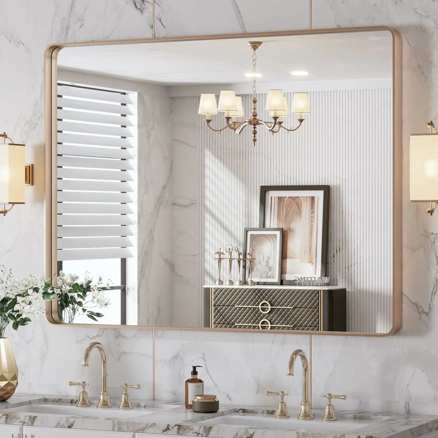 Rectangle Wall-Mounted Anti-Rust Tempered Glass Gold Bathroom Mirror