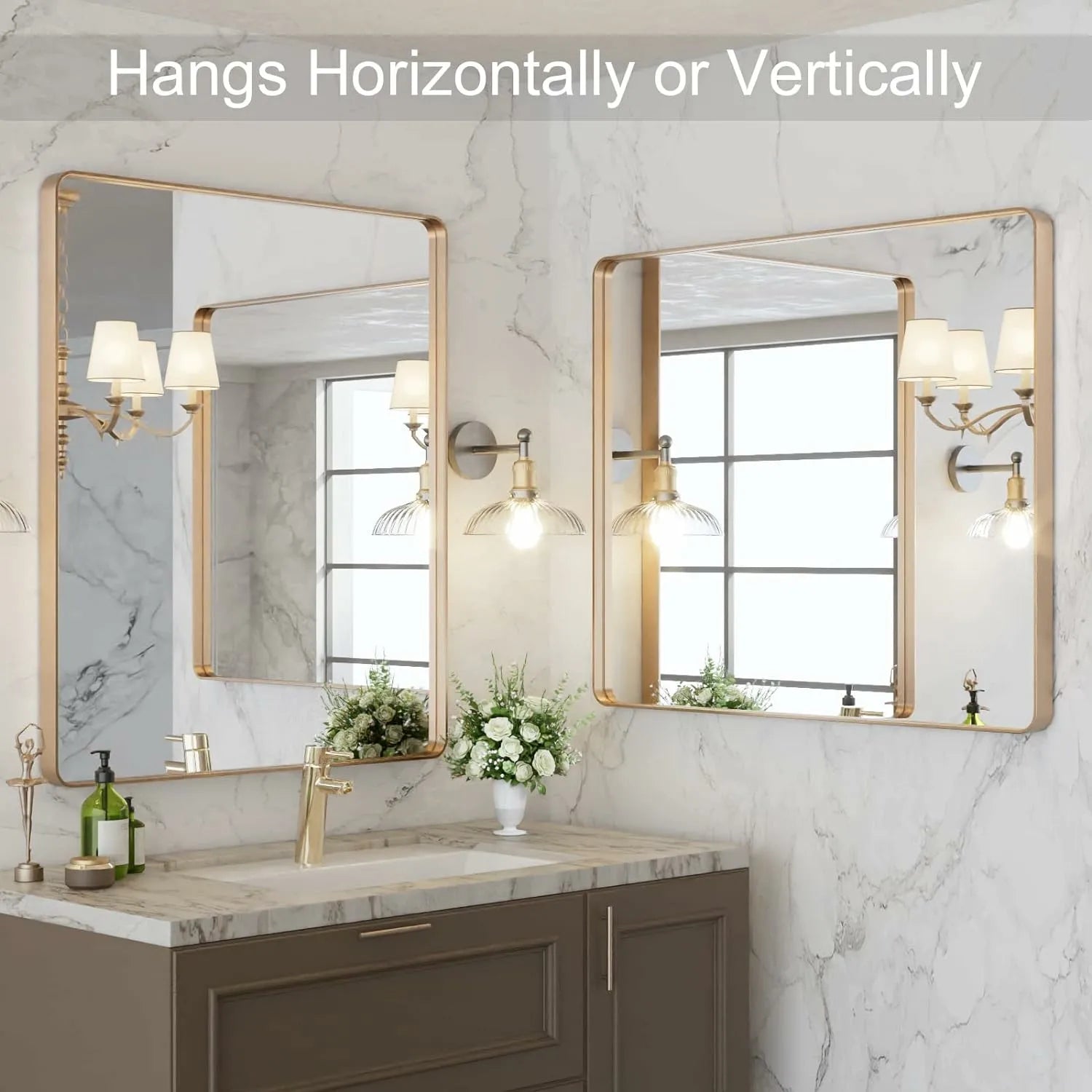 Hangs Horizontally or Vertically Tempered Glass Brushed Gold Bathroom Vanity Mirror